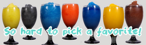 7 wine glasses full of various wine slush flavors and colors that reads so hard to pick a favorite!